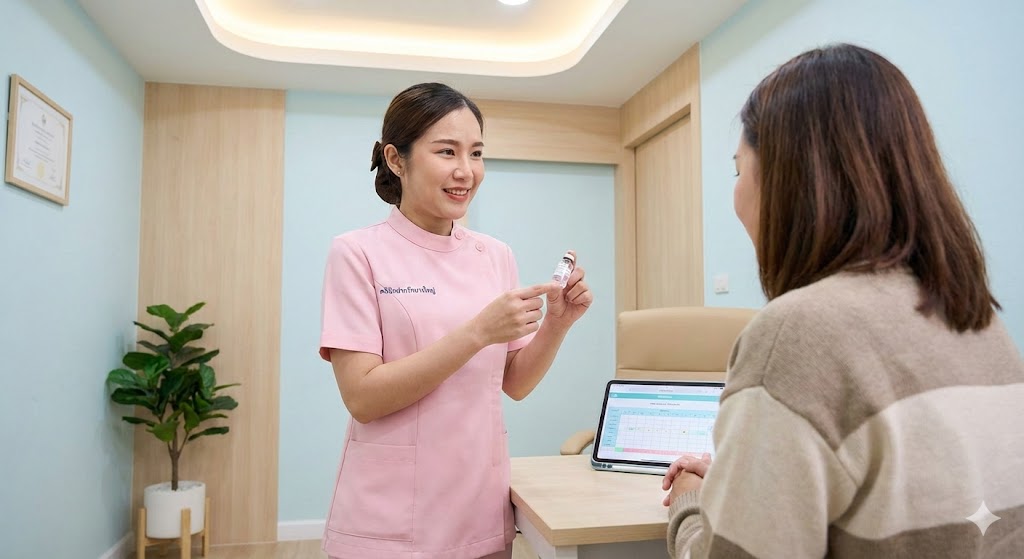 พยาบาลกำลังให้คำแนะนำคนไข้อย่างเป็นกันเองในคลินิกที่สะอาด ทันสมัย